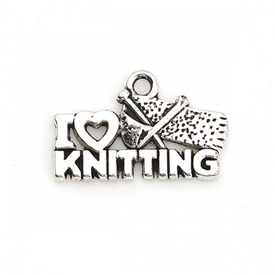 Immagine di Lega di Zinco Charms Cuore Argento Antico Messaggio " I Love Knitting " 20mm x 13mm , 50 Pz