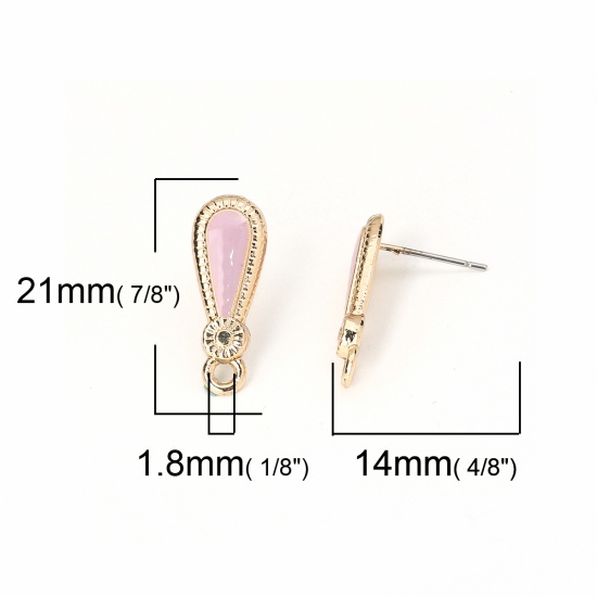 Picture of Zinc Based Alloy Ear Post Stud Earrings Findings Drop Gold Plated Pink Enamel W/ Loop 21mm x 8mm, Post/ Wire Size: (21 gauge), 10 PCs