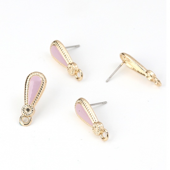 Picture of Zinc Based Alloy Ear Post Stud Earrings Findings Drop Gold Plated Pink Enamel W/ Loop 21mm x 8mm, Post/ Wire Size: (21 gauge), 10 PCs