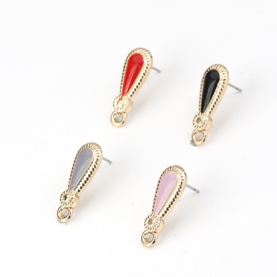 Picture of Zinc Based Alloy Ear Post Stud Earrings Findings Drop Gold Plated Pink Enamel W/ Loop 21mm x 8mm, Post/ Wire Size: (21 gauge), 10 PCs