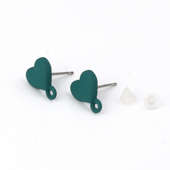 Immagine di Lega di Zinco Orecchini a Perno Tappi di Orecchini Cuore Verde Pittura 11mm x 9mm, Diametro Filo: (21 misura), 10 Pz