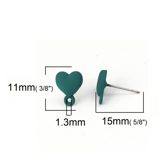 Immagine di Lega di Zinco Orecchini a Perno Tappi di Orecchini Cuore Verde Pittura 11mm x 9mm, Diametro Filo: (21 misura), 10 Pz