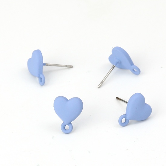 Immagine di Lega di Zinco Orecchini a Perno Tappi di Orecchini Cuore Blu Pittura 11mm x 9mm, Diametro Filo: (21 misura), 10 Pz