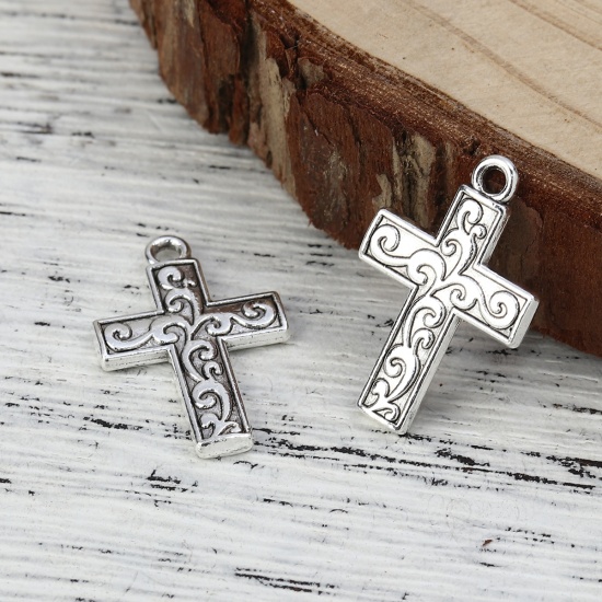 Picture of Zinc Based Alloy Charms Cross Antique Silver 22mm( 7/8") x 15mm( 5/8"), 50 PCs