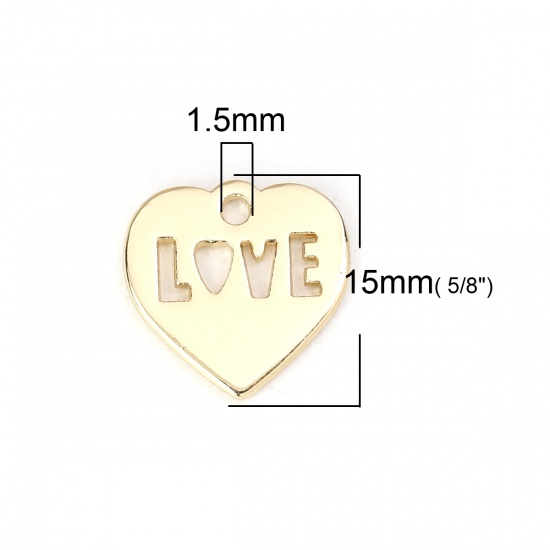 亜鉛合金 チャーム ハート 金メッキ 文字 " LOVE" 15mmx 15mm、 10 個 の画像