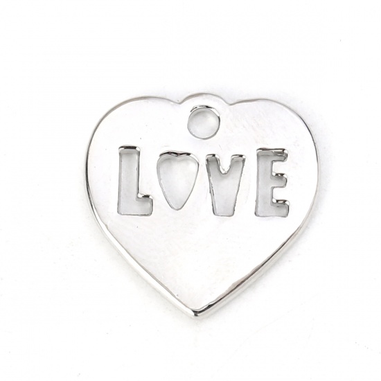 Image de Breloques en Alliage de Zinc Cœur Argent Mat Gravé Mots " LOVE " 15mm x 15mm, 10 Pcs