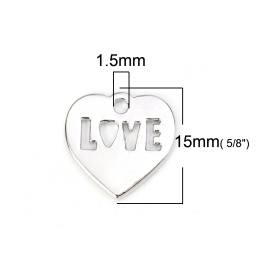 Image de Breloques en Alliage de Zinc Cœur Argent Mat Gravé Mots " LOVE " 15mm x 15mm, 10 Pcs