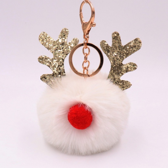Bild von Schlüsselkette & Schlüsselring Weihnachten Rentier Geweih Weiß Pompon Ball Glitzert 15cm x 15cm, 1 Stück
