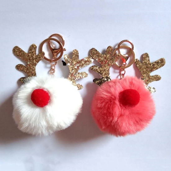 Bild von Schlüsselkette & Schlüsselring Weihnachten Rentier Geweih Weiß Pompon Ball Glitzert 15cm x 15cm, 1 Stück