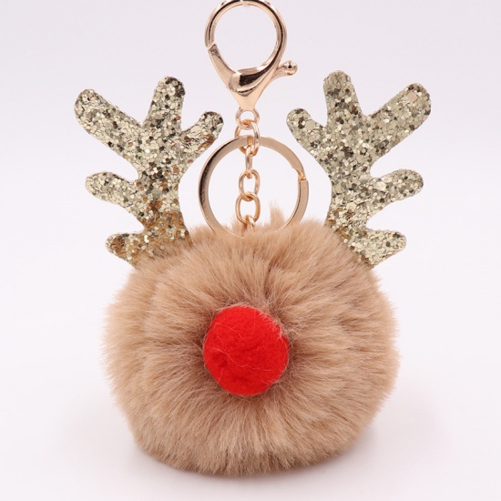 Picture of Keychain & Keyring Christmas Reindeer Antler Khaki Pom Pom Ball Glitter 15cm x 15cm, 1 Piece