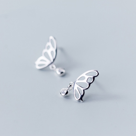 Image de Boucles d'Oreilles en Argent Pur & Zircone Cubique Argent Transparent Papillon Creux 12mm x 8mm, 1 Paire