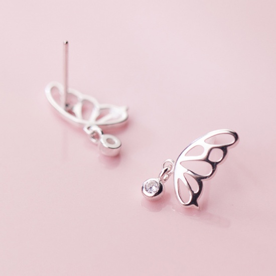 Image de Boucles d'Oreilles en Argent Pur & Zircone Cubique Argent Transparent Papillon Creux 12mm x 8mm, 1 Paire