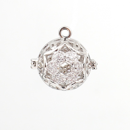 Picture of Copper Pendants Mexican Angel Caller Bola Harmony Ball Wish Box Locket Flower Silver Tone Clear Rhinestone Can Open (Fits 12mm Beads) 19mm( 6/8") x 19mm( 6/8"), 1 Piece