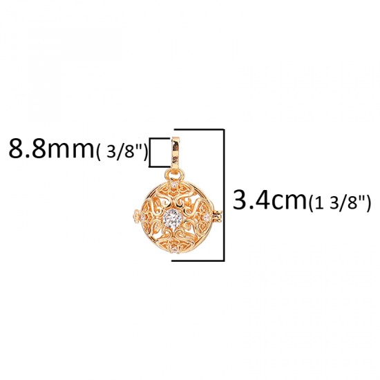 Picture of Copper Pendants Mexican Angel Caller Bola Harmony Ball Wish Box Locket Flower Gold Plated Clear Rhinestone Can Open (Fits 16mm Beads) 34mm(1 3/8") x 26mm(1"), 1 Piece