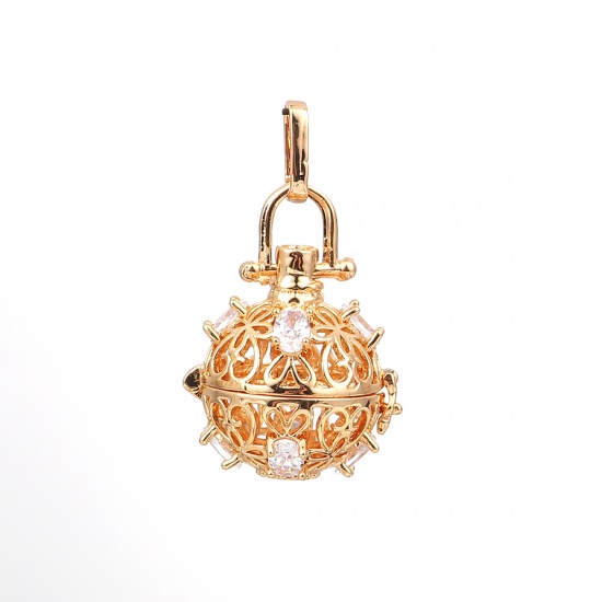 Picture of Copper Pendants Mexican Angel Caller Bola Harmony Ball Wish Box Locket Flower Gold Plated Clear Rhinestone Can Open (Fits 16mm Beads) 42mm(1 5/8") x 24mm(1"), 1 Piece