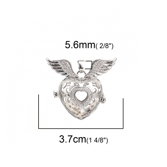 Picture of Copper Pendants Mexican Angel Caller Bola Harmony Ball Wish Box Locket Heart Silver Tone Clear Rhinestone Can Open (Fits 16mm Beads) 37mm(1 4/8") x 27mm(1 1/8"), 1 Piece