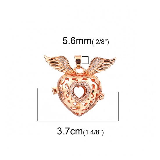 Picture of Copper Pendants Mexican Angel Caller Bola Harmony Ball Wish Box Locket Heart Rose Gold Clear Rhinestone Can Open (Fits 16mm Beads) 37mm(1 4/8") x 27mm(1 1/8"), 1 Piece