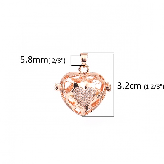 Picture of Copper Pendants Mexican Angel Caller Bola Harmony Ball Wish Box Locket Heart Rose Gold Clear Rhinestone Can Open (Fits 16mm Beads) 32mm(1 2/8") x 28mm(1 1/8"), 1 Piece