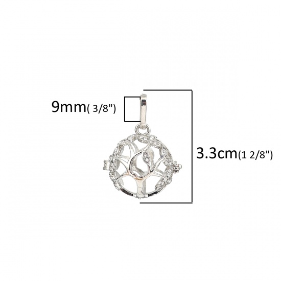 Picture of Copper Pendants Mexican Angel Caller Bola Harmony Ball Wish Box Locket Tree Silver Tone Clear Rhinestone Can Open (Fits 16mm Beads) 33mm(1 2/8") x 25mm(1"), 1 Piece