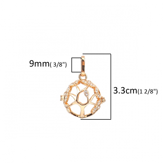 Picture of Copper Pendants Mexican Angel Caller Bola Harmony Ball Wish Box Locket Tree Gold Plated Clear Rhinestone Can Open (Fits 16mm Beads) 33mm(1 2/8") x 25mm(1"), 1 Piece