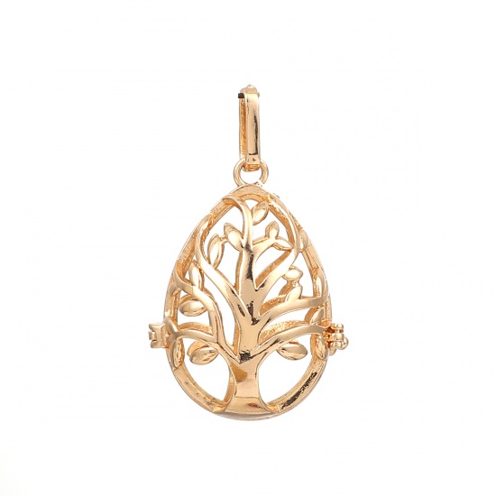 Picture of Copper Pendants Mexican Angel Caller Bola Harmony Ball Wish Box Locket Tree Gold Plated Can Open (Fits 18mm Beads) 45mm(1 6/8") x 27mm(1 1/8"), 2 PCs