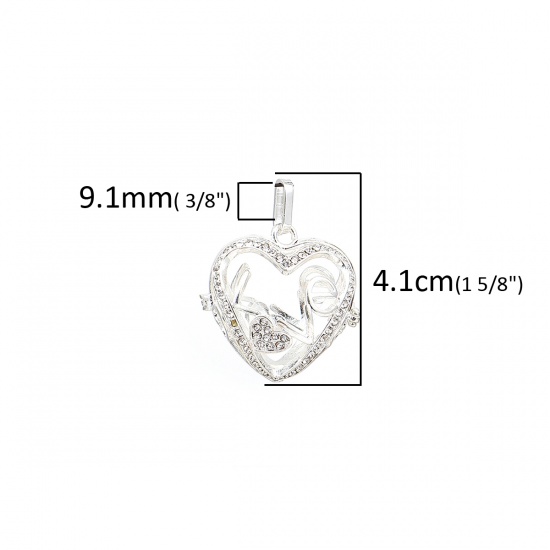 Picture of Copper Pendants Mexican Angel Caller Bola Harmony Ball Wish Box Locket Heart Silver Plated Clear Rhinestone Can Open (Fits 18mm Beads) 41mm(1 5/8") x 32mm(1 2/8"), 1 Piece