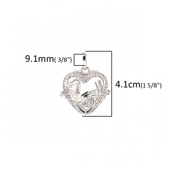 Picture of Copper Pendants Mexican Angel Caller Bola Harmony Ball Wish Box Locket Heart Silver Tone Clear Rhinestone Can Open (Fits 18mm Beads) 41mm(1 5/8") x 32mm(1 2/8"), 1 Piece