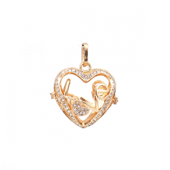 Picture of Copper Pendants Mexican Angel Caller Bola Harmony Ball Wish Box Locket Heart Gold Plated Clear Rhinestone Can Open (Fits 18mm Beads) 41mm(1 5/8") x 32mm(1 2/8"), 1 Piece