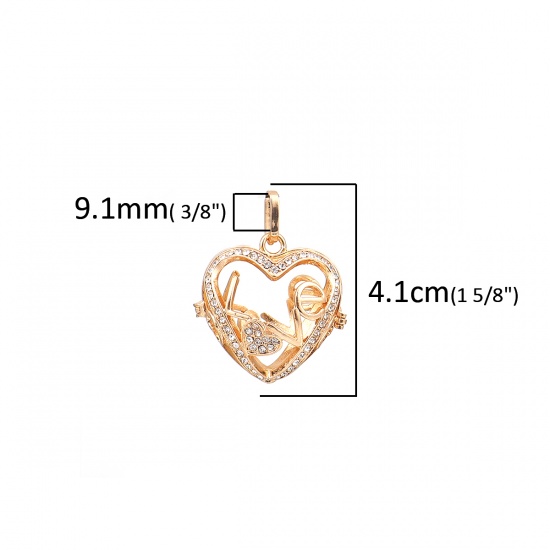 Picture of Copper Pendants Mexican Angel Caller Bola Harmony Ball Wish Box Locket Heart Gold Plated Clear Rhinestone Can Open (Fits 18mm Beads) 41mm(1 5/8") x 32mm(1 2/8"), 1 Piece