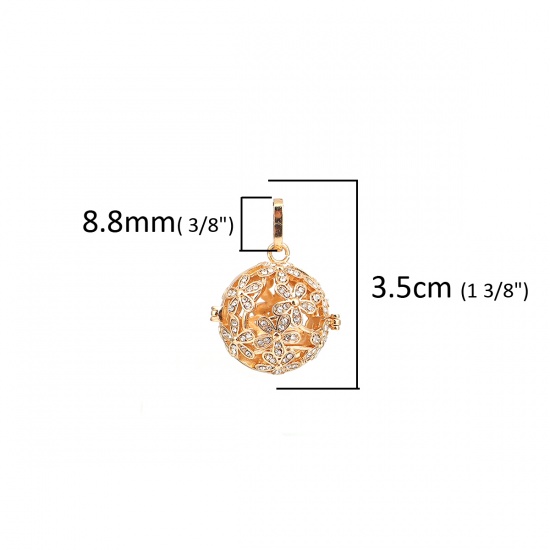 Picture of Copper Pendants Mexican Angel Caller Bola Harmony Ball Wish Box Locket Flower Gold Plated Clear Rhinestone Can Open (Fits 18mm Beads) 35mm(1 3/8") x 26mm(1"), 1 Piece