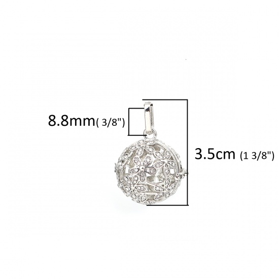 Picture of Copper Pendants Mexican Angel Caller Bola Harmony Ball Wish Box Locket Flower Silver Tone Clear Rhinestone Can Open (Fits 18mm Beads) 35mm(1 3/8") x 26mm(1"), 1 Piece