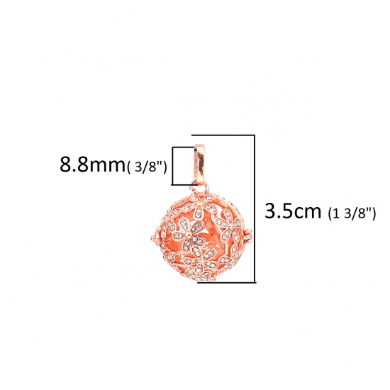 Picture of Copper Pendants Mexican Angel Caller Bola Harmony Ball Wish Box Locket Flower Rose Gold Clear Rhinestone Can Open (Fits 18mm Beads) 35mm(1 3/8") x 26mm(1"), 1 Piece