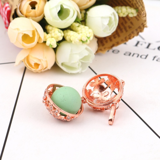 Picture of Copper Pendants Mexican Angel Caller Bola Harmony Ball Wish Box Locket Flower Rose Gold Clear Rhinestone Can Open (Fits 18mm Beads) 35mm(1 3/8") x 26mm(1"), 1 Piece