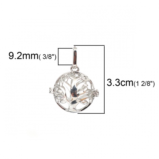 Picture of Copper Pendants Round Tree Silver Tone Can Open (Fits 18mm Beads) 33mm(1 2/8") x 26mm(1"), 2 PCs