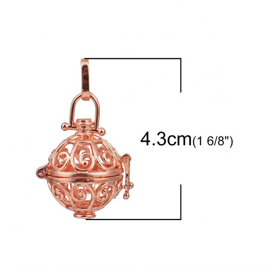 Picture of Copper Pendants Mexican Angel Caller Bola Harmony Ball Wish Box Locket Rose Gold Can Open (Fits 16mm Beads) 43mm(1 6/8") x 26mm(1"), 2 PCs