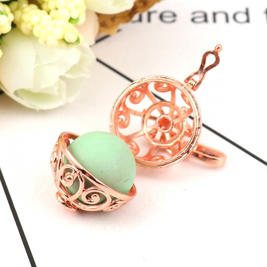 Picture of Copper Pendants Mexican Angel Caller Bola Harmony Ball Wish Box Locket Rose Gold Can Open (Fits 16mm Beads) 43mm(1 6/8") x 26mm(1"), 2 PCs