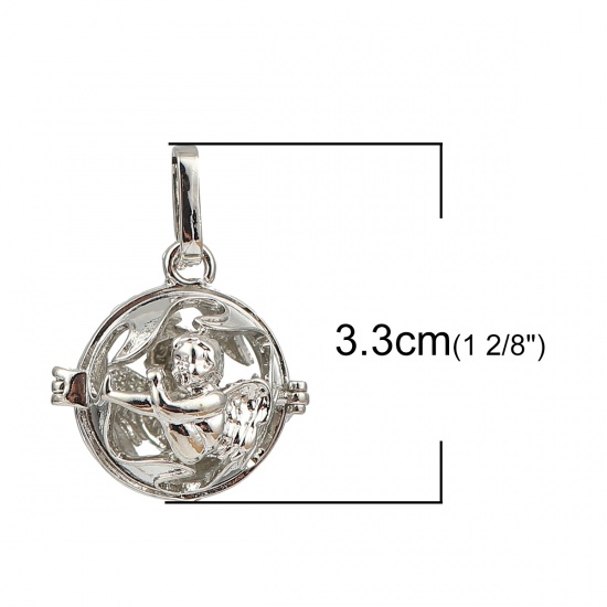 Picture of Copper Pendants Mexican Angel Caller Bola Harmony Ball Wish Box Locket Angel Silver Tone Can Open (Fits 14mm Beads) 33mm(1 2/8") x 25mm(1"), 2 PCs