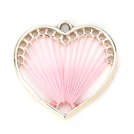 Изображение Цинковый Сплав Обернутая нить Подвески Сердце KC Позолоченный Розовый 26мм x 26мм, 5 ШТ