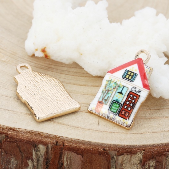 Picture of Zinc Based Alloy Charms House Gold Plated Multicolor Enamel 22mm( 7/8") x 13mm( 4/8"), 10 PCs