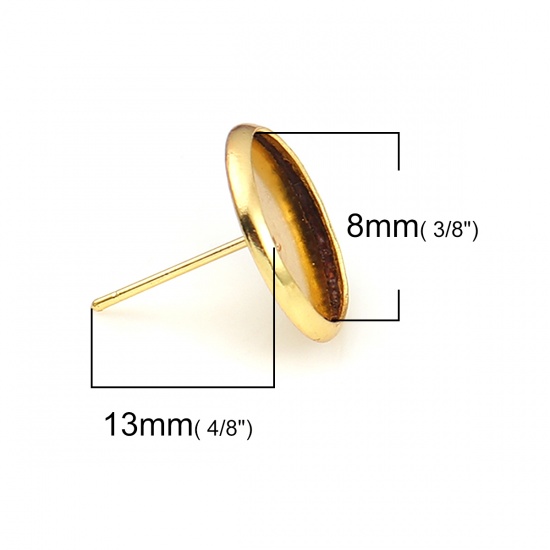 Picture of Stainless Steel Ear Post Stud Earrings Round Gold Plated Cabochon Settings (Fits 8mm Dia.) 13mm( 4/8") x 10mm( 3/8"), Post/ Wire Size: (20 gauge), 4 PCs