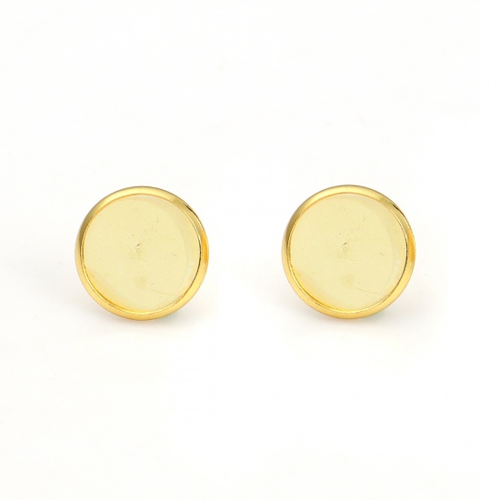 Picture of Stainless Steel Ear Post Stud Earrings Round Gold Plated Cabochon Settings (Fits 8mm Dia.) 13mm( 4/8") x 10mm( 3/8"), Post/ Wire Size: (20 gauge), 4 PCs