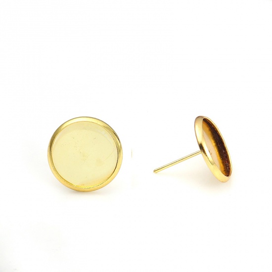 Picture of Stainless Steel Ear Post Stud Earrings Round Gold Plated Cabochon Settings (Fits 10mm Dia.) 12mm Dia., Post/ Wire Size: (21 gauge), 4 PCs