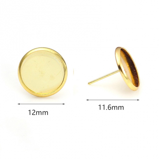 Picture of Stainless Steel Ear Post Stud Earrings Round Gold Plated Cabochon Settings (Fits 10mm Dia.) 12mm Dia., Post/ Wire Size: (21 gauge), 4 PCs