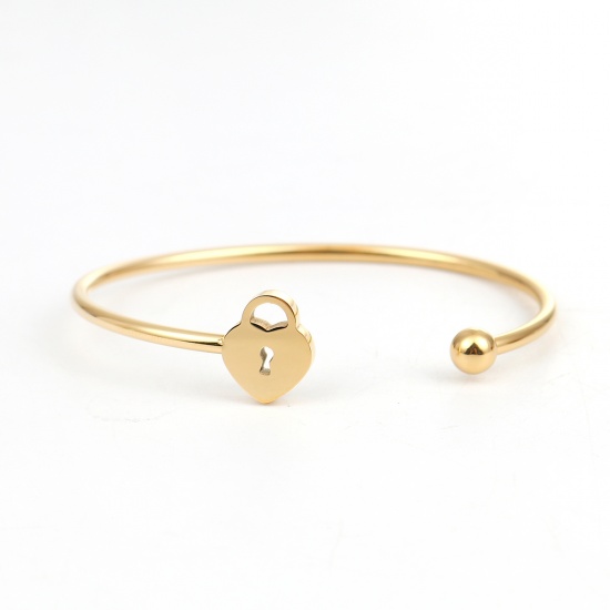 Picture of 304 Stainless Steel Open Cuff Bangles Bracelets Gold Plated Heart Lock 17cm(6 6/8") long, 1 Piece