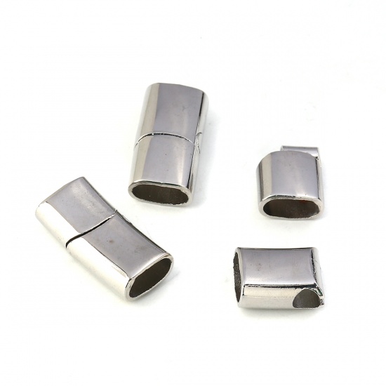 Bild von Zinklegierung Magnetverschluss Rechteck Silberfarbe （Für 12mm x6mm Schnur) 29mm x 14mm, 3 Sets