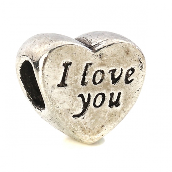 Bild von Zinklegierung European Stil Großlochperlen Herz Antiksilber Message " I Love you" etwa 11mm x 10mm, Loch:ca. 4.7mm, 10 Stück