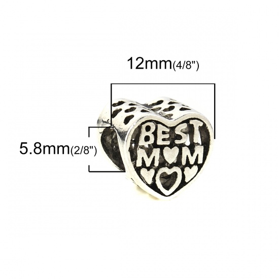 Immagine di Lega di Zinco Stile Europeo Perline Cuore Argento Antico Cuore Scolpito " BEST MOM Intagliato Circa 12mm x 11mm, Foro: Circa 5.8mm, 10 Pz