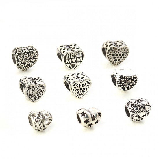 Immagine di Lega di Zinco Stile Europeo Perline Cuore Argento Antico Cuore Scolpito " BEST MOM Intagliato Circa 12mm x 11mm, Foro: Circa 5.8mm, 10 Pz