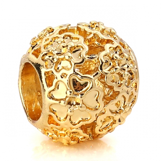 Picture of Zinc Based Alloy European Style Large Hole Charm Beads Round Gold Plated Heart About 11mm( 3/8") Dia, Hole: Approx 4.8mm, 10 PCs