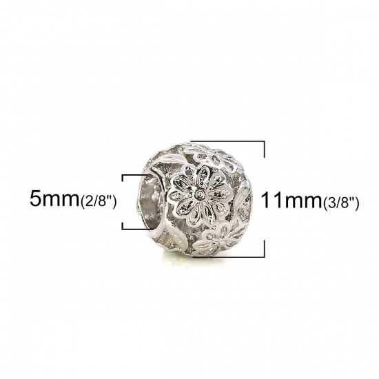亜鉛合金 ヨーロピアンスタイル 大穴ビーズ 円形 シルバートーン 花彫刻 約 11mm直径、 穴：約 5mm、 10 個 の画像